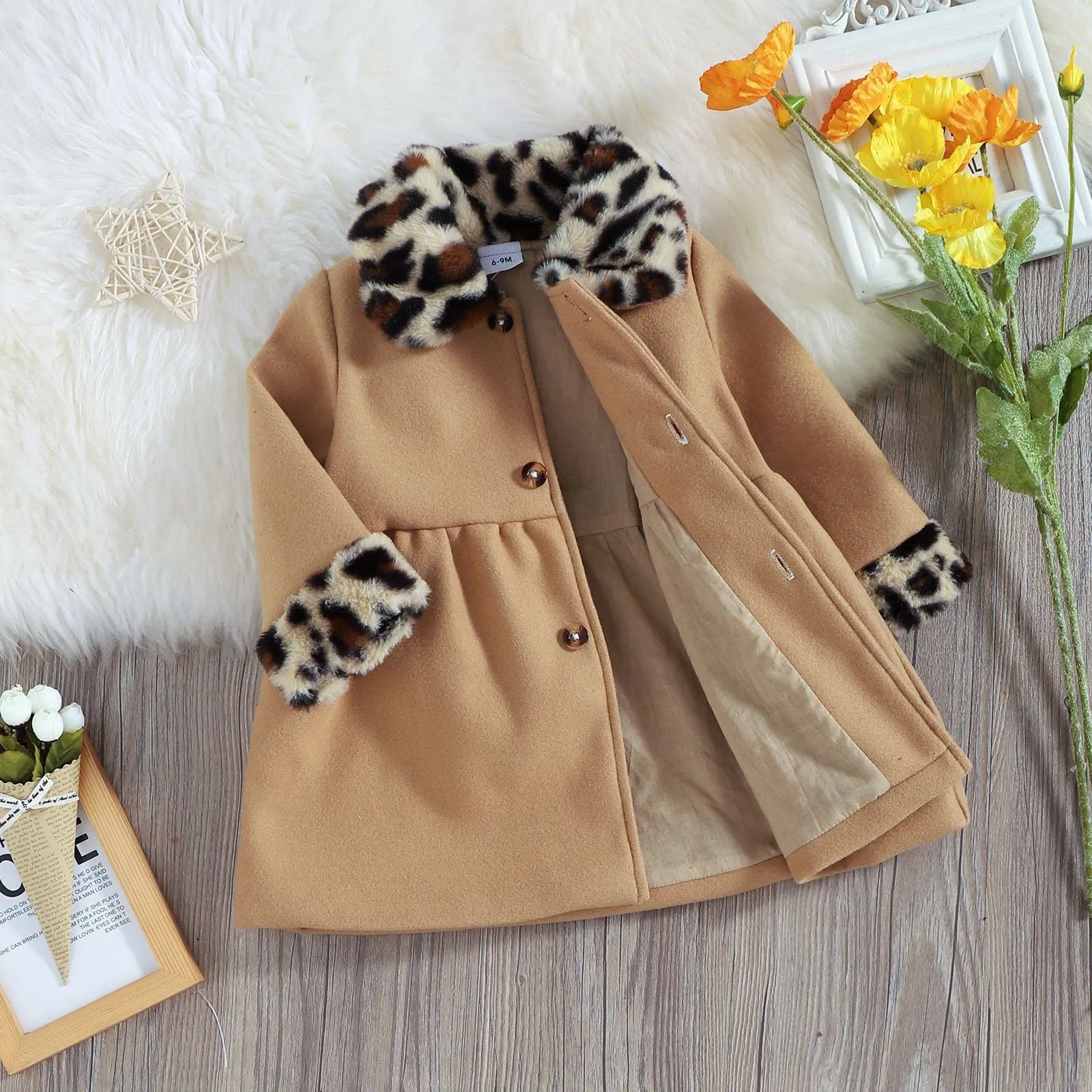 Toddler Kids Girls Solid Color Leopard Print Stitching Long Sleeve Button Cardigan Jacket