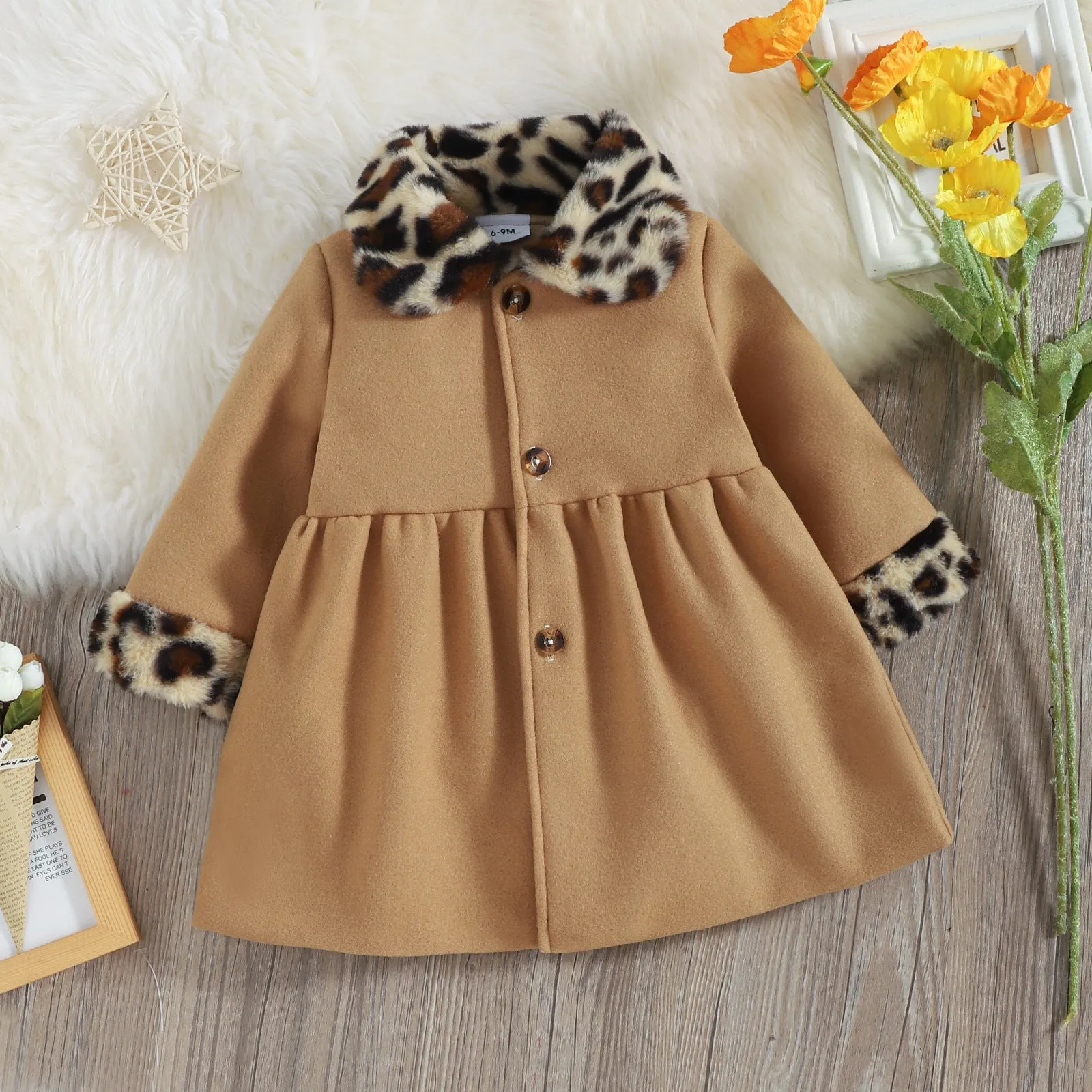 Toddler Kids Girls Solid Color Leopard Print Stitching Long Sleeve Button Cardigan Jacket