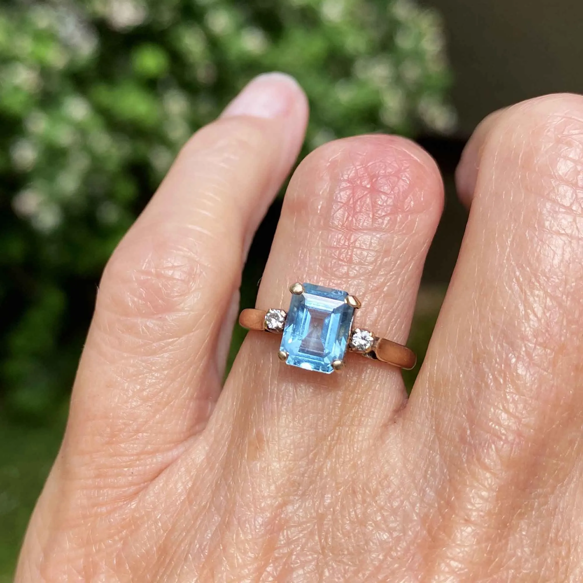 Vintage 14K Gold Diamond Emerald Cut Blue Topaz Ring