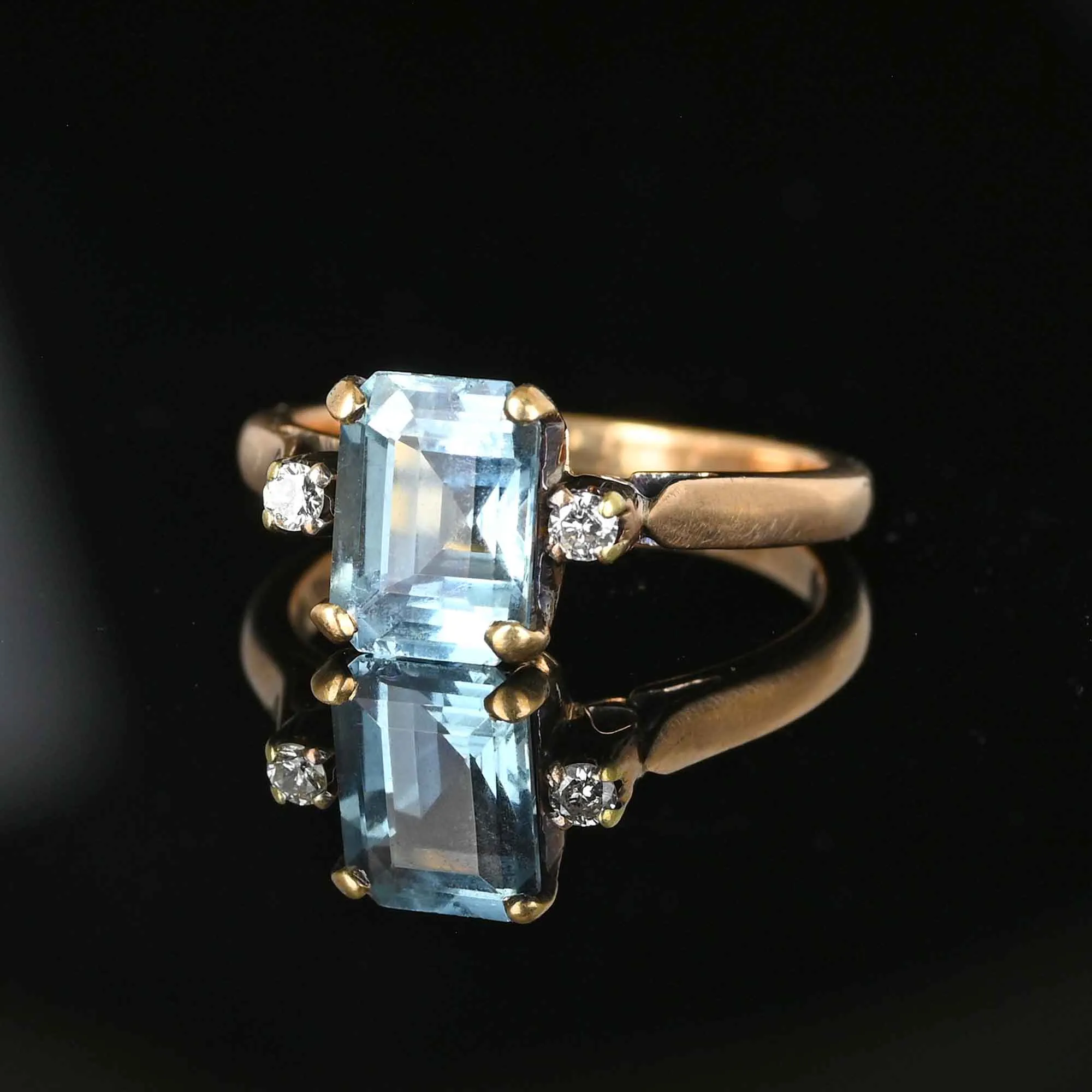 Vintage 14K Gold Diamond Emerald Cut Blue Topaz Ring