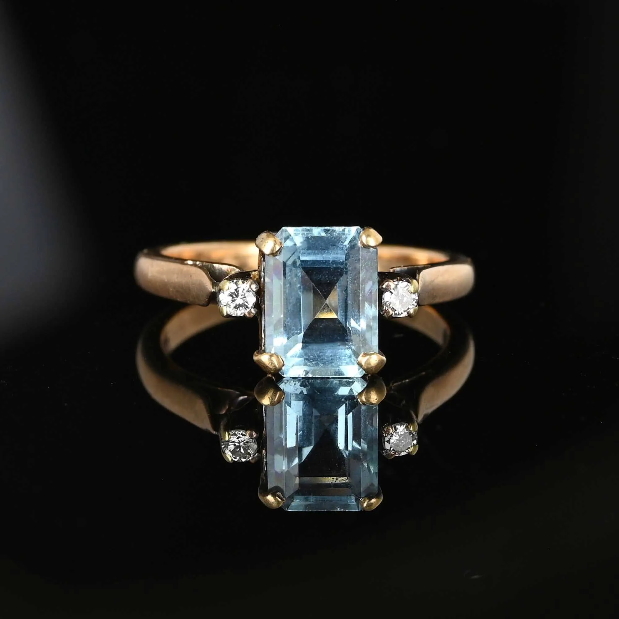 Vintage 14K Gold Diamond Emerald Cut Blue Topaz Ring