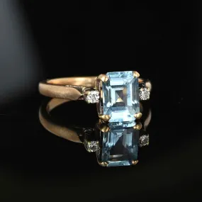 Vintage 14K Gold Diamond Emerald Cut Blue Topaz Ring