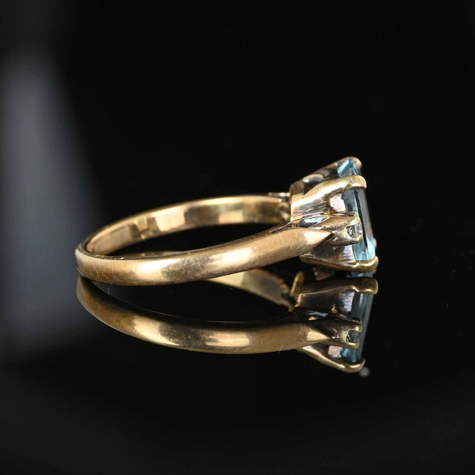 Vintage 14K Gold Diamond Emerald Cut Blue Topaz Ring