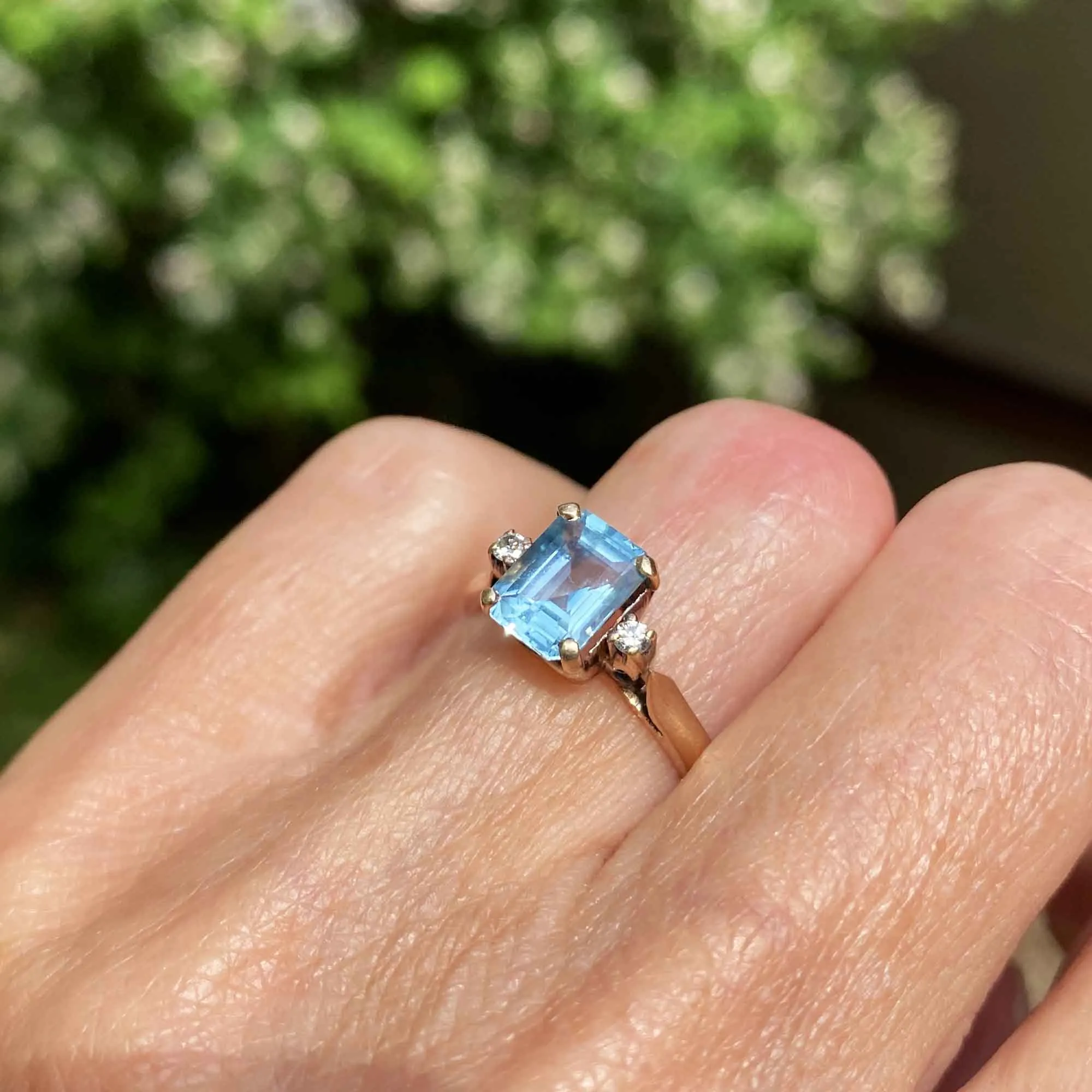 Vintage 14K Gold Diamond Emerald Cut Blue Topaz Ring