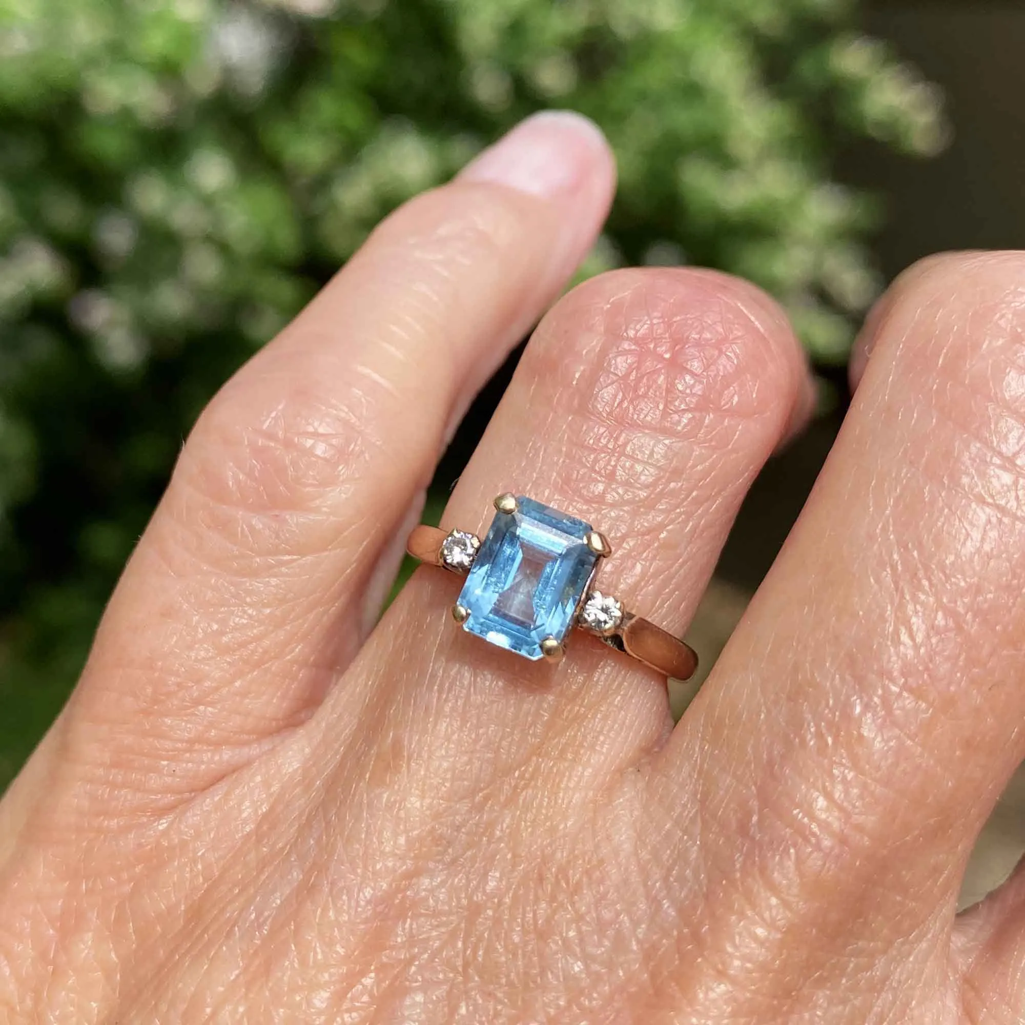 Vintage 14K Gold Diamond Emerald Cut Blue Topaz Ring