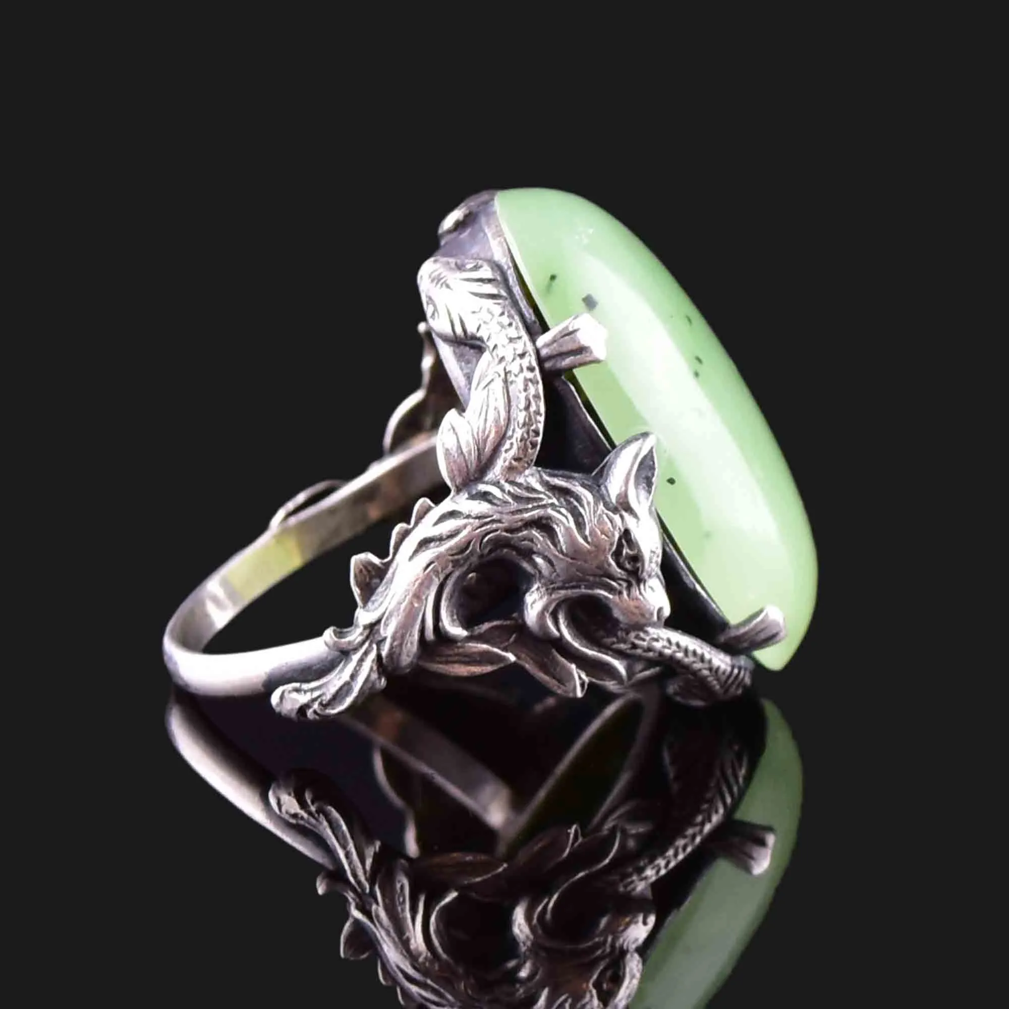 Vintage Carved Silver Dragon Jade Statement Ring