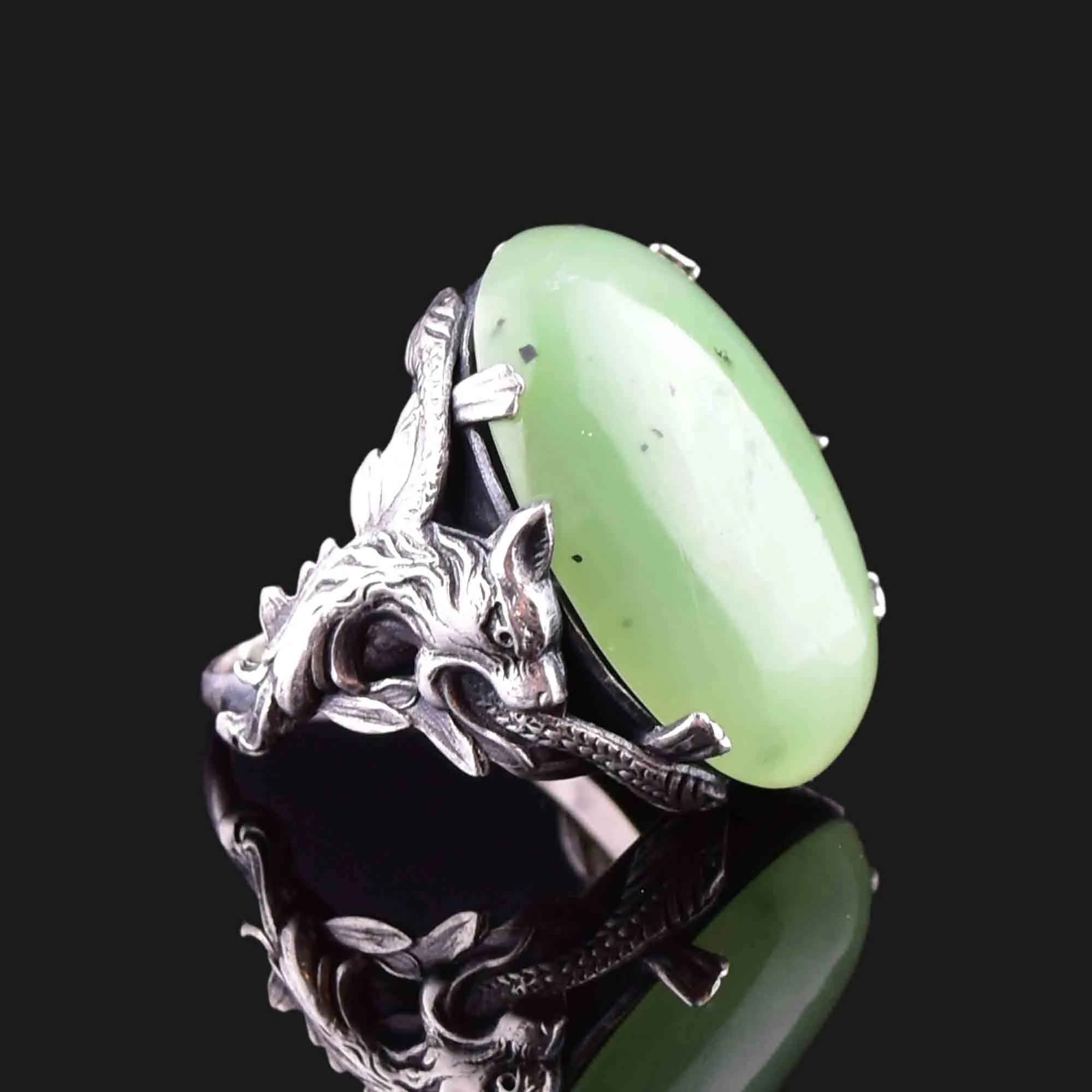 Vintage Carved Silver Dragon Jade Statement Ring