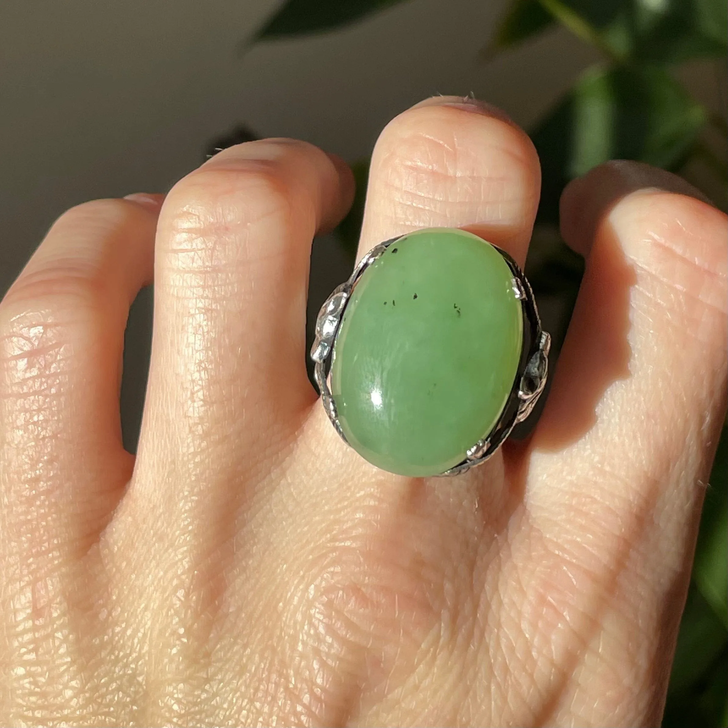 Vintage Carved Silver Dragon Jade Statement Ring