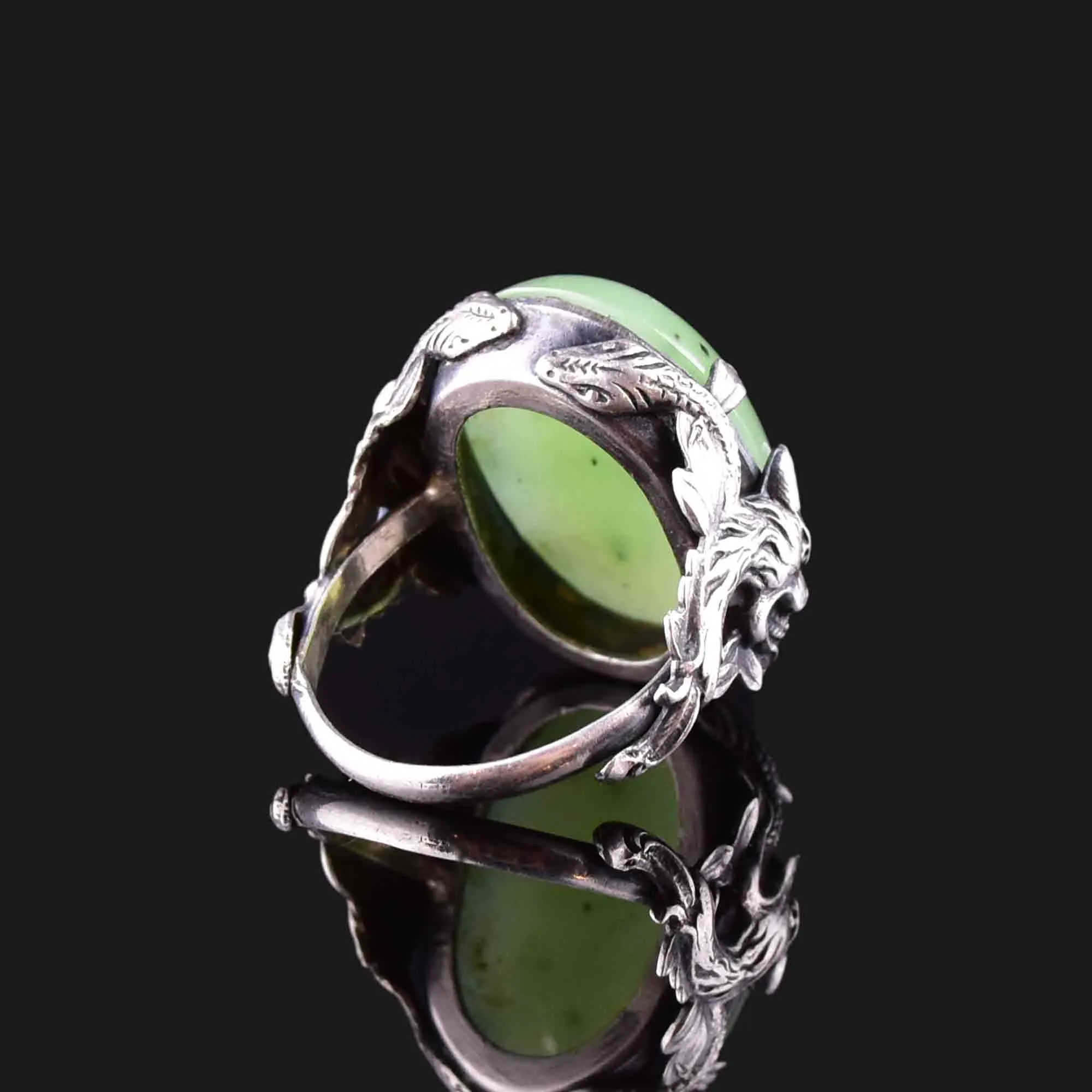 Vintage Carved Silver Dragon Jade Statement Ring