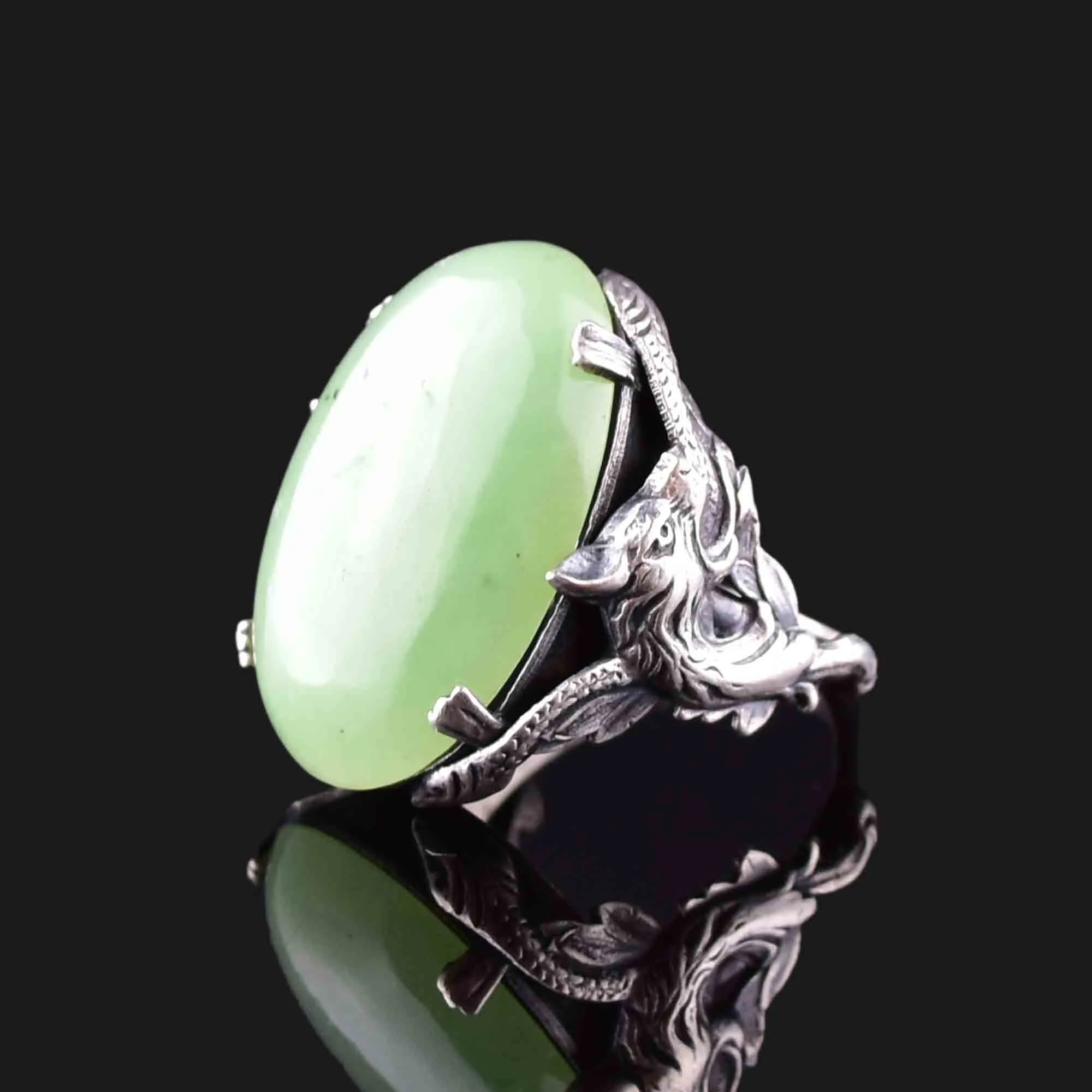 Vintage Carved Silver Dragon Jade Statement Ring