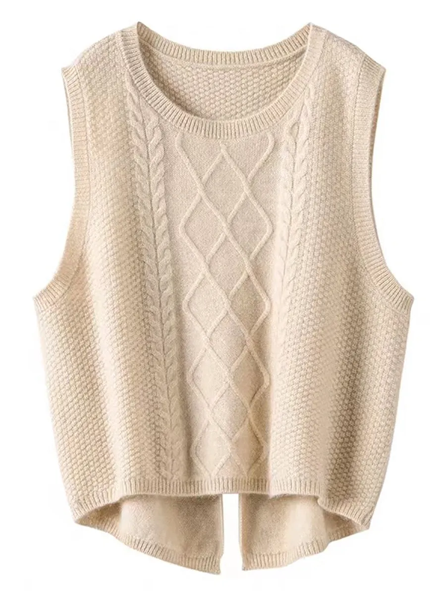 Women Retro Winter Solid Jacquard Wool Vest