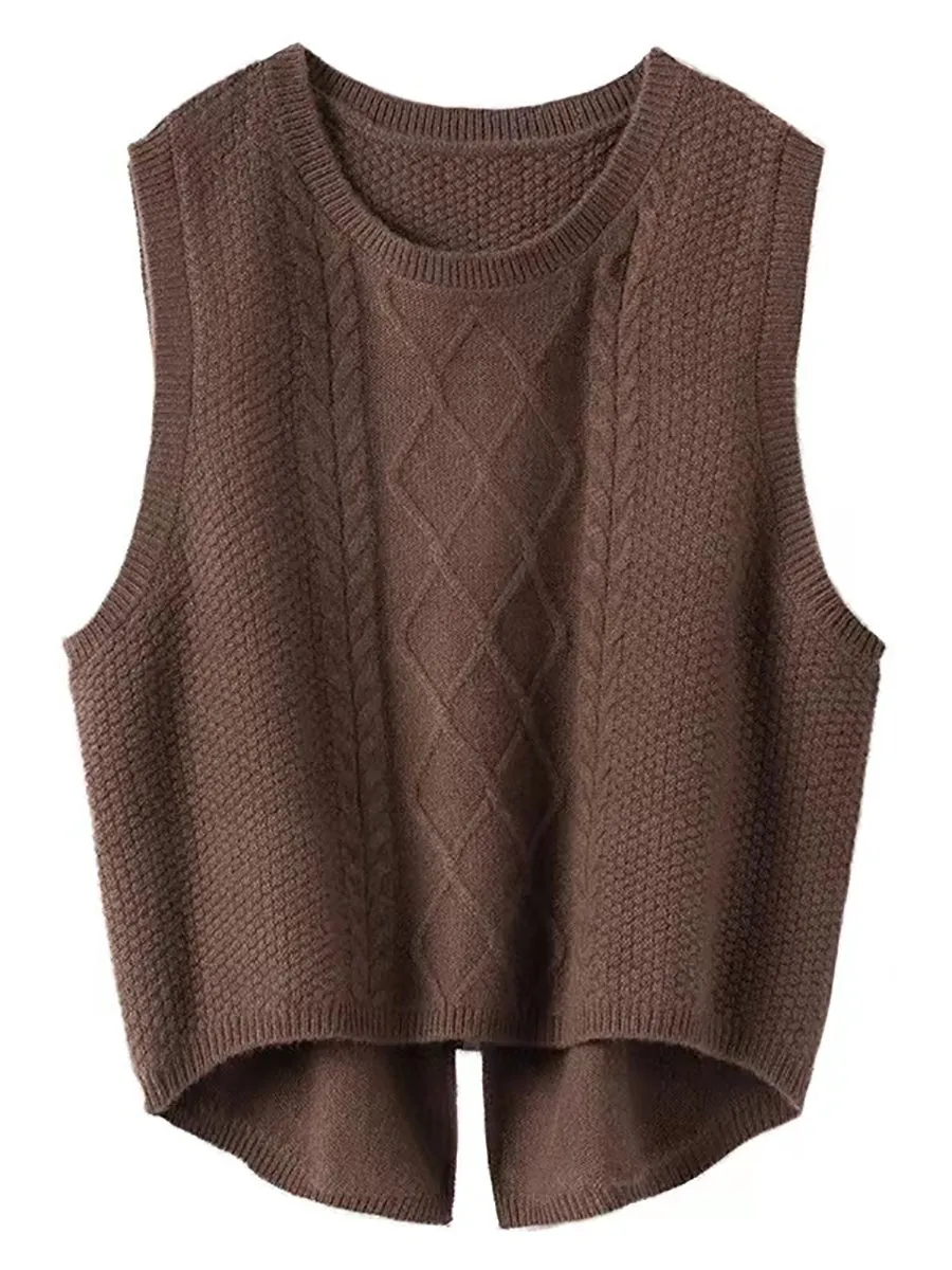 Women Retro Winter Solid Jacquard Wool Vest