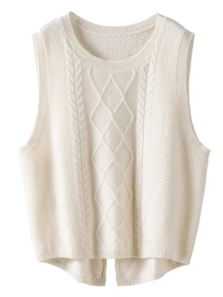 Women Retro Winter Solid Jacquard Wool Vest