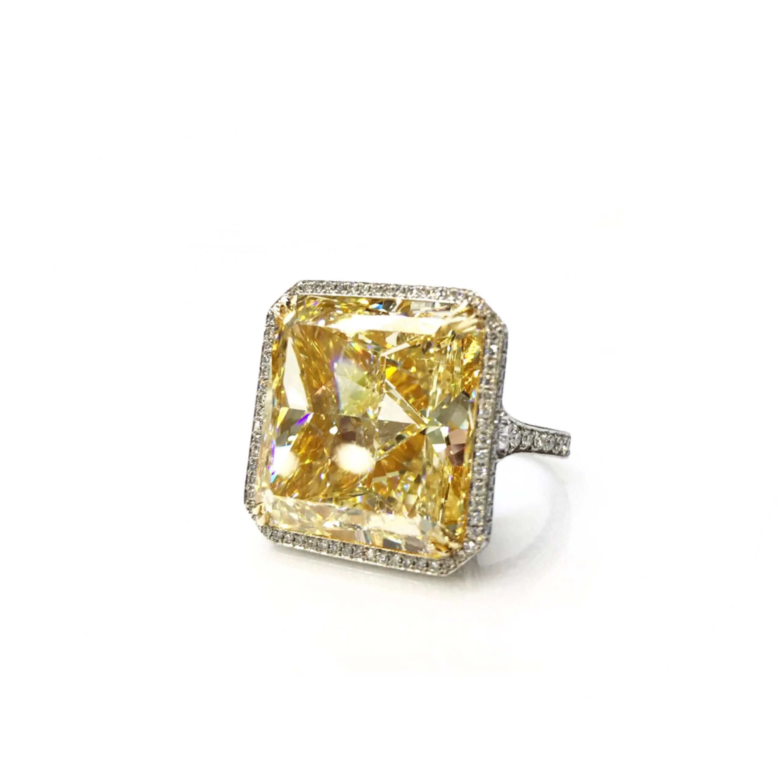 WYNN 40 CARAT FANCY YELLOW DIAMOND RINGRADIANT CUT VS2 PLATINUM & 18K GOLD BY MIKE NEKTA