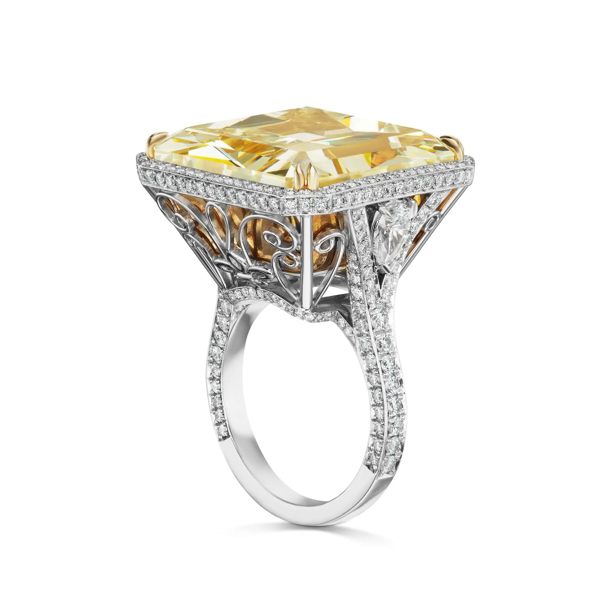 WYNN 40 CARAT FANCY YELLOW DIAMOND RINGRADIANT CUT VS2 PLATINUM & 18K GOLD BY MIKE NEKTA